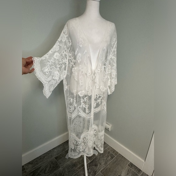 Boho Lace Cover Up Maxi White Beach Swimwear Summer  Duster Sexy Kimono - Picture 4 of 16